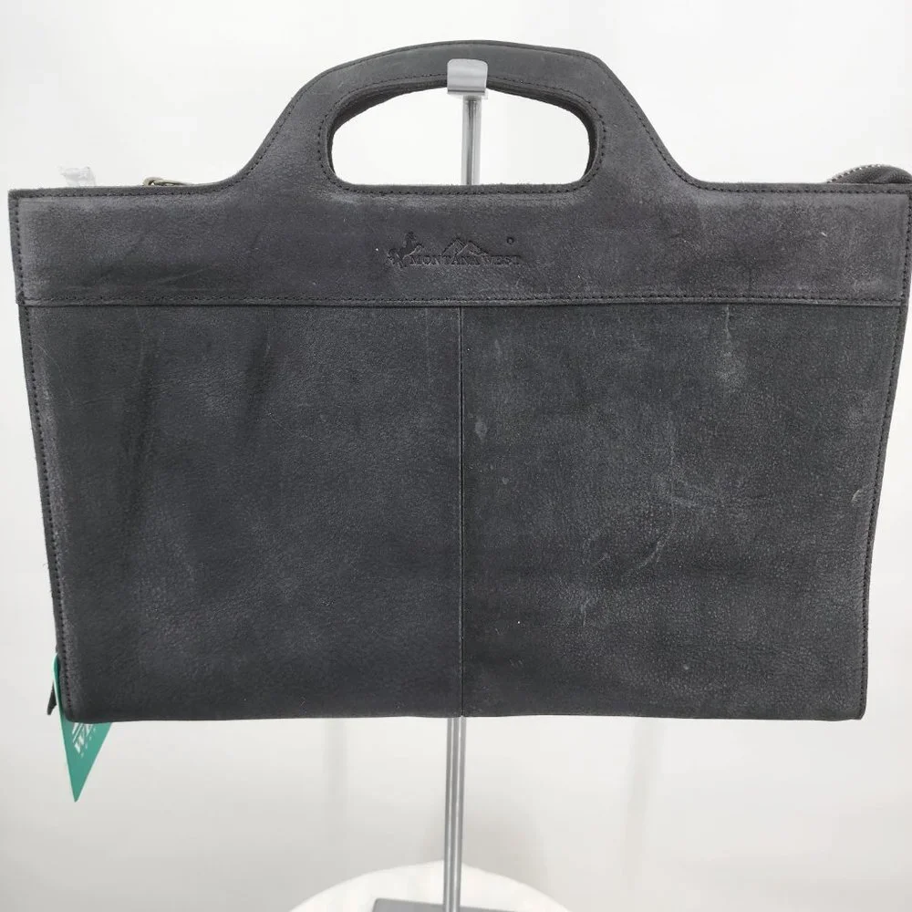 MONTANA WEST Black Genuine Leather Laptop‎ Case Tote & Wristlet Set NWT